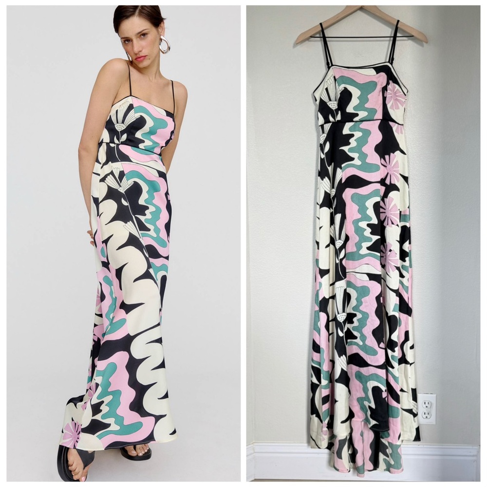 ANTHROPOLOGIE XS $328 OOPSCOOL Graphic Print Dress • Mod Floral Retro Maxi